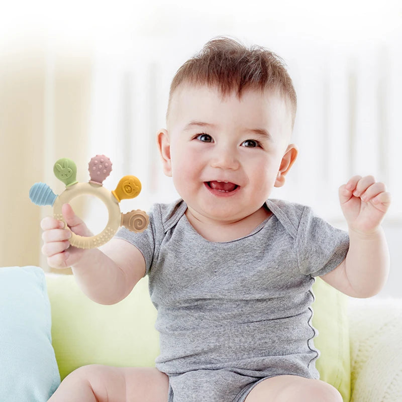 multicolor Silicone Baby Ring Teether Anxiety Teething Toys 0-12 Months