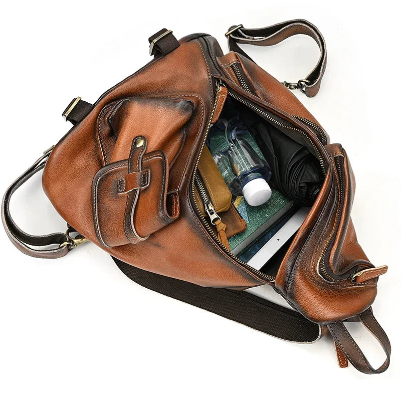 New Fashion Men's Leather Single Shoulder Backpack Real Cowskin Chest Bag Crossbody Bag Backpacks For Man Male Anti Theft Men