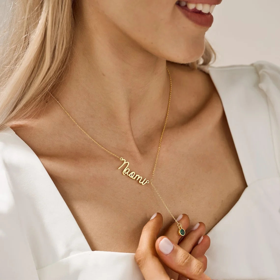 Custom Birthstone Lariat Name Necklace