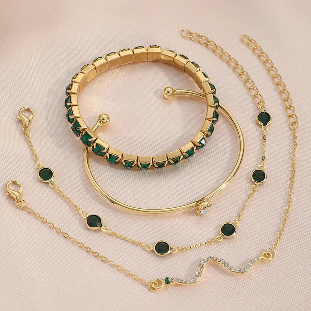 4PCS/Set Fashionable Snake Imitation Gemstone Bangle Rhinestone Full Metal Bracelet Set for W