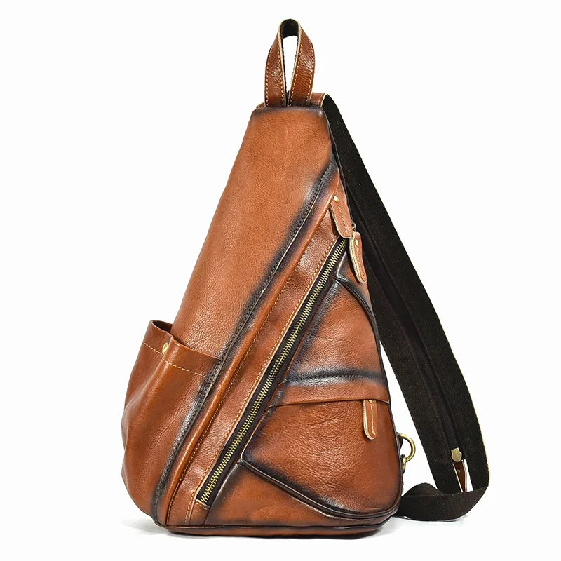 New Fashion Men's Leather Single Shoulder Backpack Real Cowskin Chest Bag Crossbody Bag Backpacks For Man Male Anti Theft Men