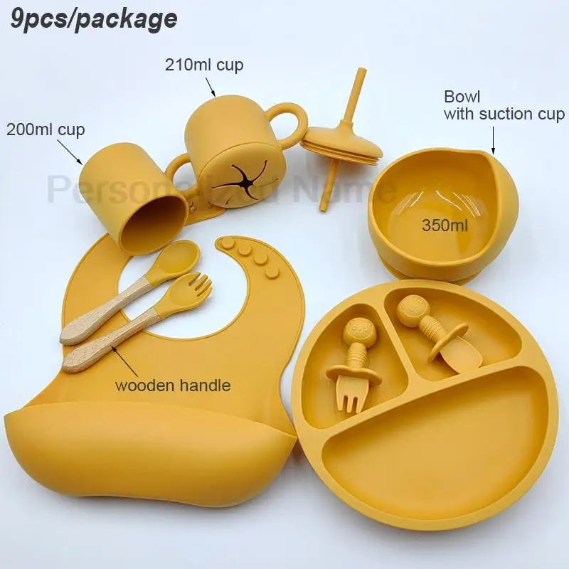 9Pcs Personalized Baby Silicone Feeding Sets Suction