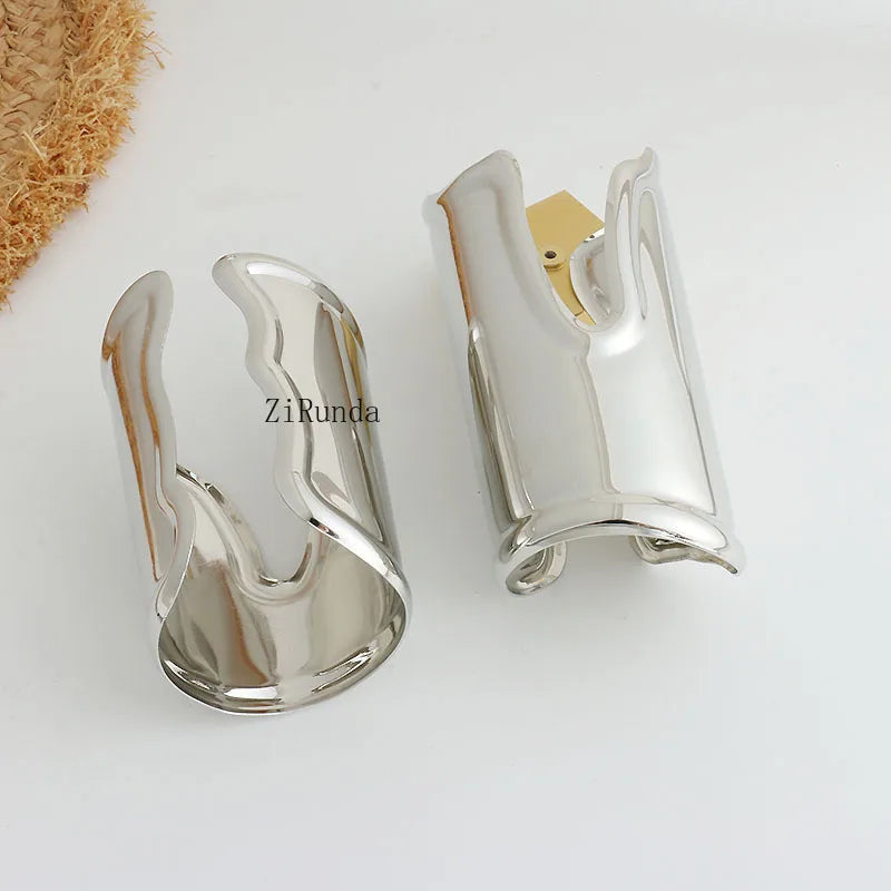 Exaggerated Irregular Wide Edge Bracelet Women's Silver Long Arm Bracelet