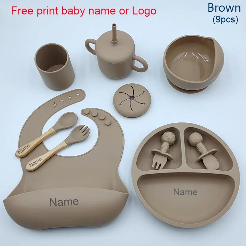 9Pcs Personalized Baby Silicone Feeding Sets Suction
