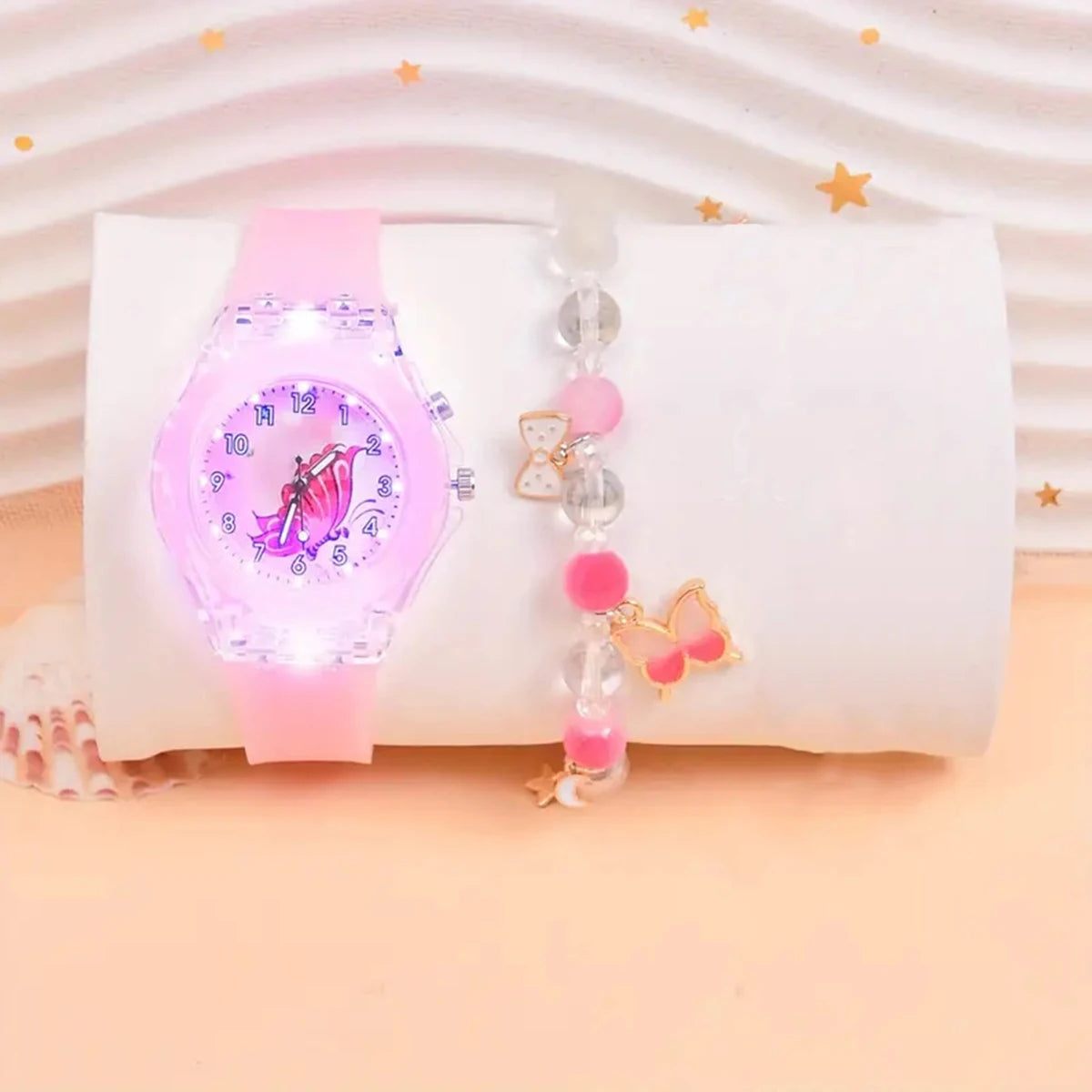 Fashion Butterfly Silicone Luminous Watch + Butterfly Beaded Bracelet