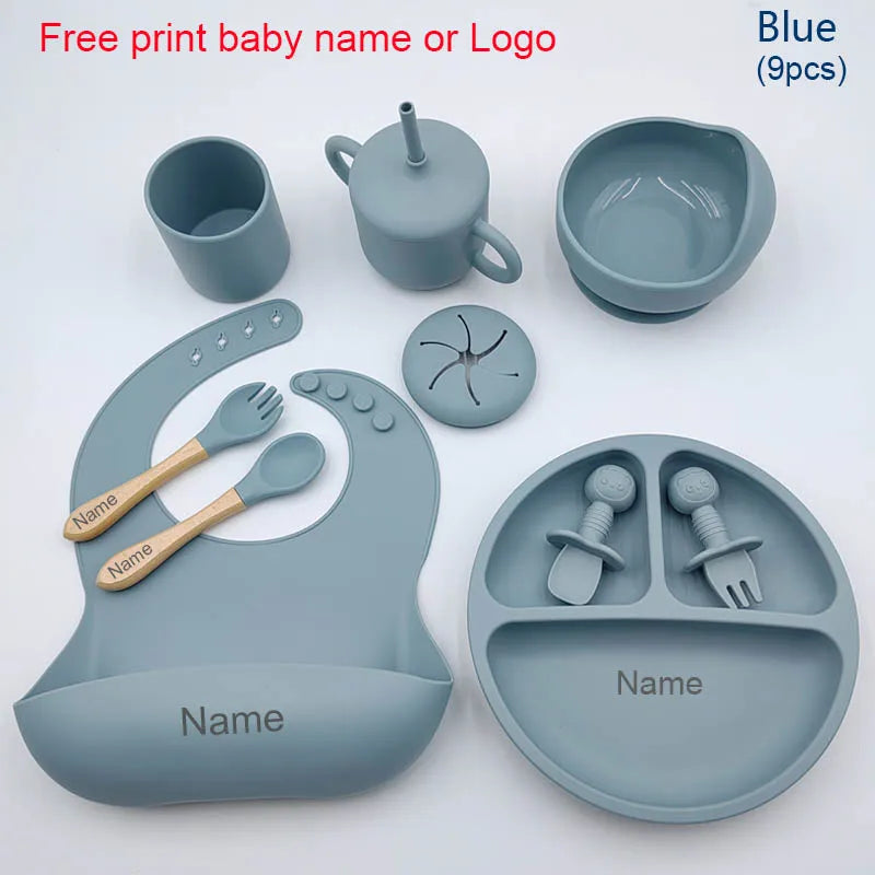 9Pcs Personalized Baby Silicone Feeding Sets Suction