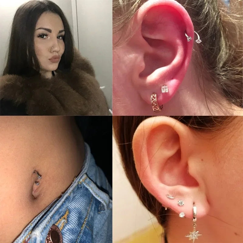 1PC Stainless Steel Crystal Hoop Ring Piercing Nose Ear belly Rings - buy one get one free
