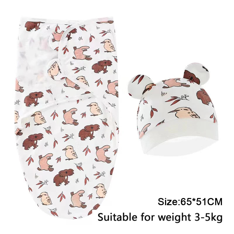 Baby Blanket Hat Set Cartoon Printed Cotton Newborn 0-6 Months