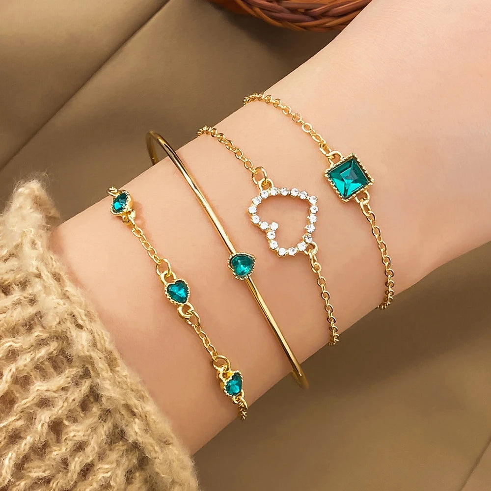 4PCS/Set Fashionable Snake Imitation Gemstone Bangle Rhinestone Full Metal Bracelet Set for W