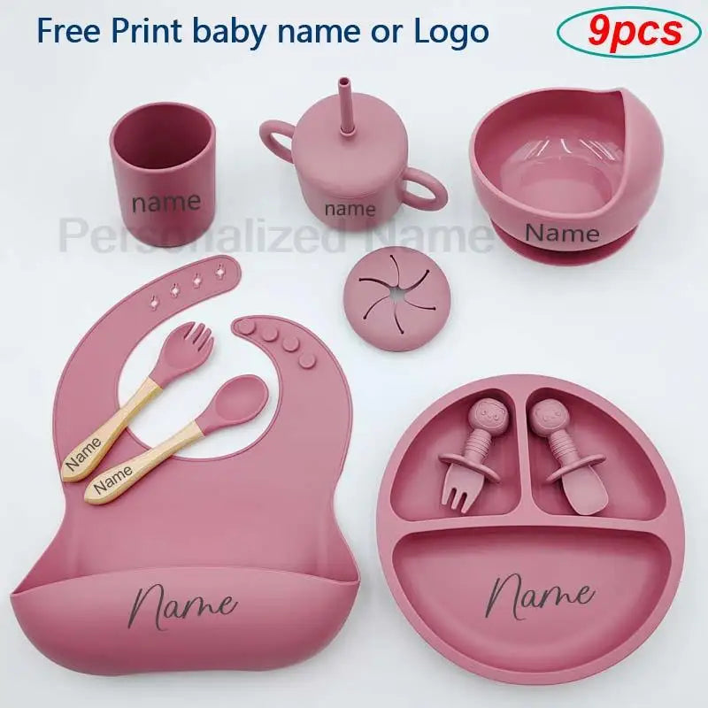 9Pcs Personalized Baby Silicone Feeding Sets Suction
