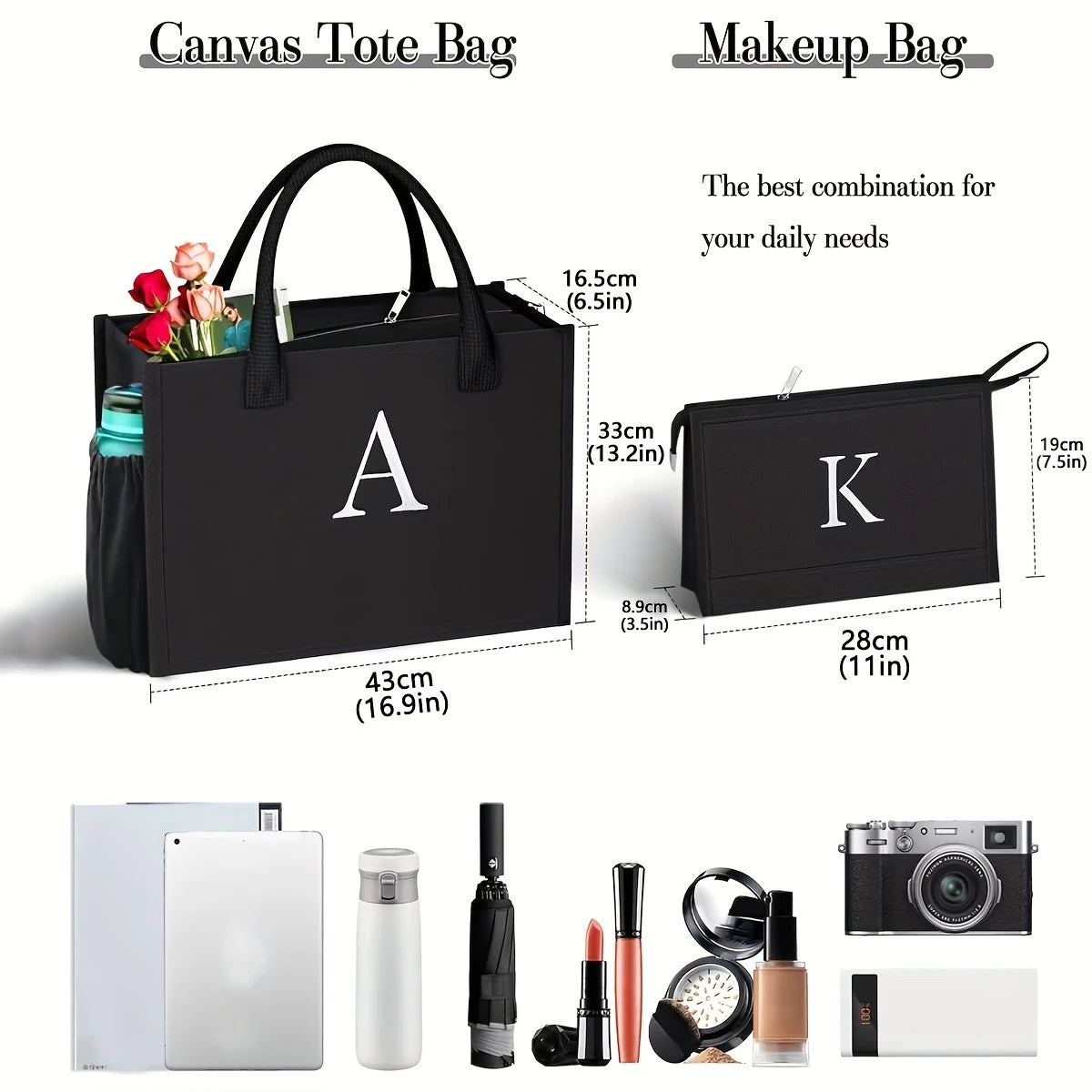Canvas Tote Bag Set With Letter Embroidery Large Waterproof - Free Shipping