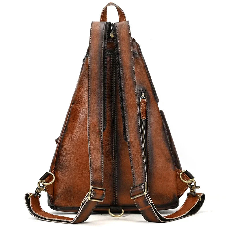 New Fashion Men's Leather Single Shoulder Backpack Real Cowskin Chest Bag Crossbody Bag Backpacks For Man Male Anti Theft Men