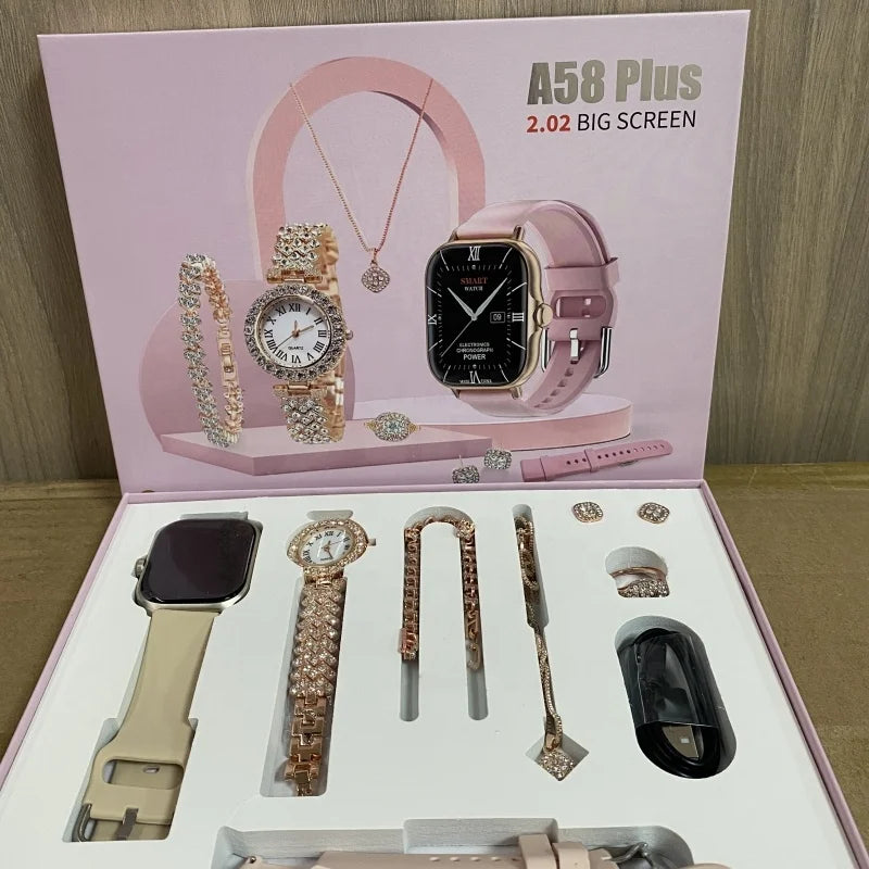 2024 Smartwatch 8in1Necklace Earrings Bracelet Ring Luxury Jewelry Smart Watch A58plus