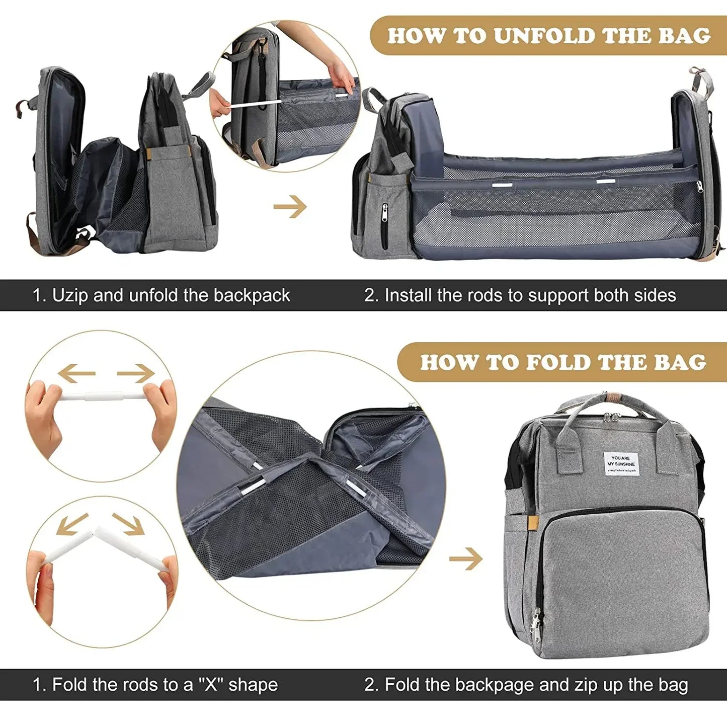 Foldable Diaper Bag Baby Bed Bags Crib Travel Backpack with Changing Station