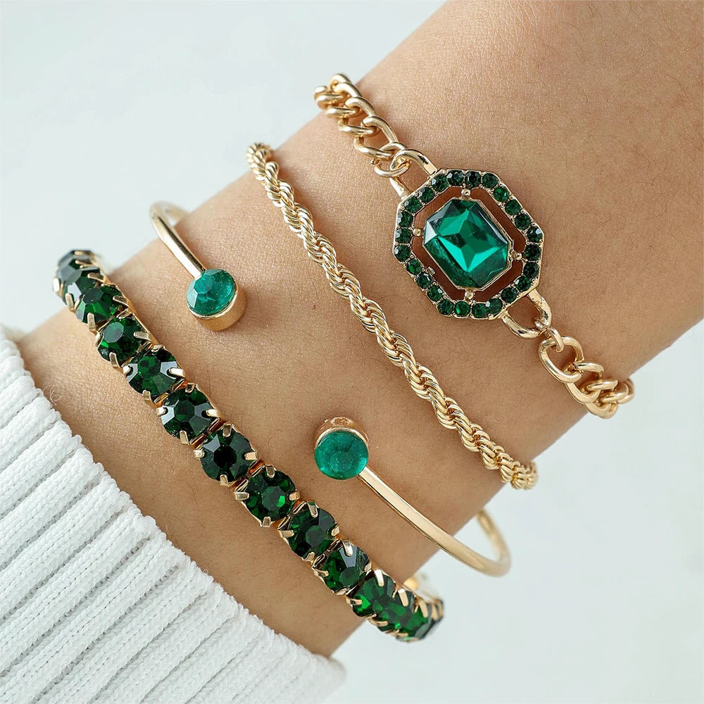 4PCS/Set Fashionable Snake Imitation Gemstone Bangle Rhinestone Full Metal Bracelet Set for W