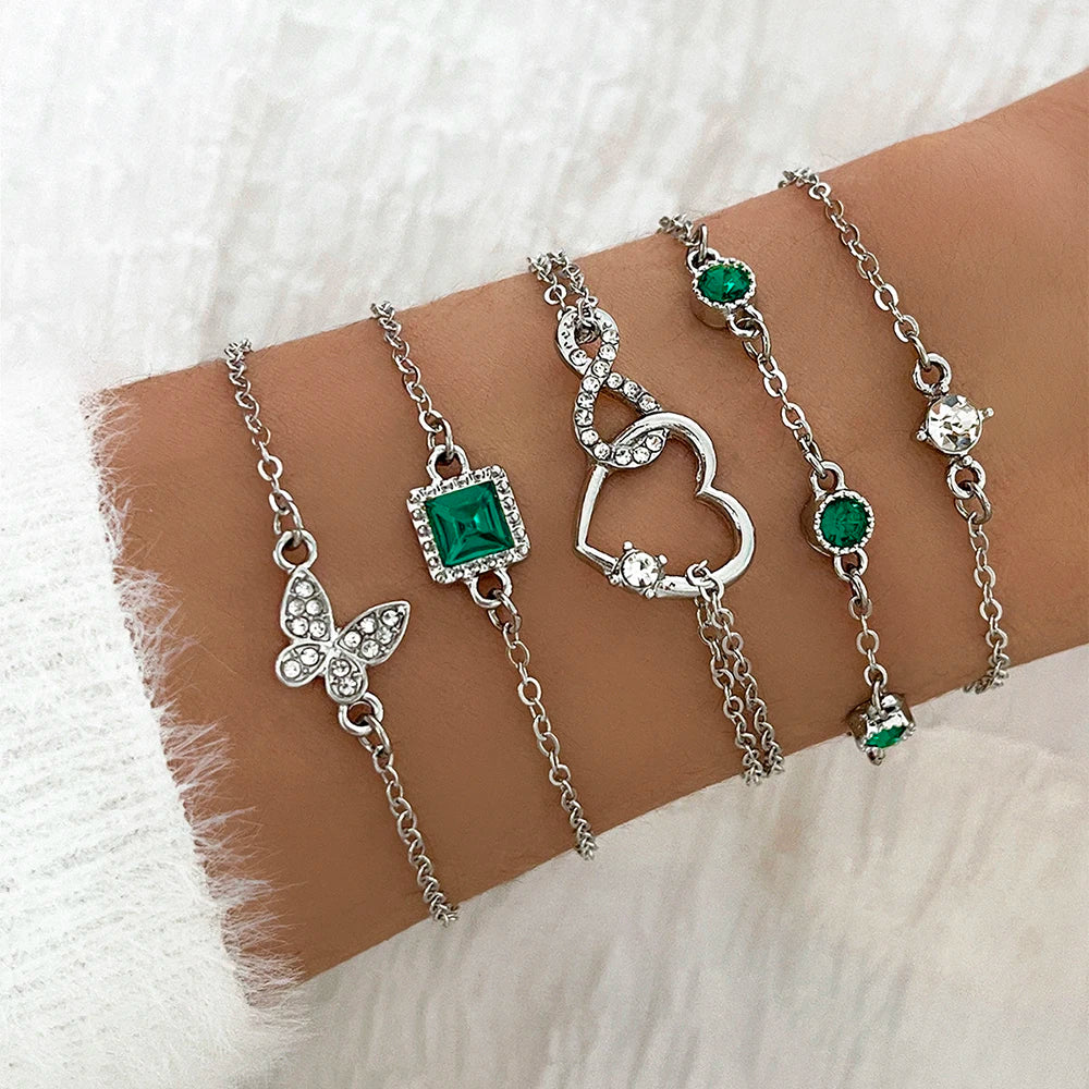 4PCS/Set Fashionable Snake Imitation Gemstone Bangle Rhinestone Full Metal Bracelet Set for W