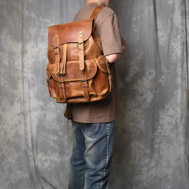Retro Crazy Horse Leather Backpack for Mens