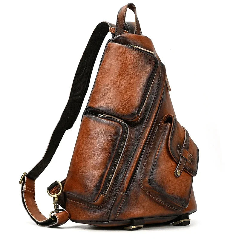New Fashion Men's Leather Single Shoulder Backpack Real Cowskin Chest Bag Crossbody Bag Backpacks For Man Male Anti Theft Men