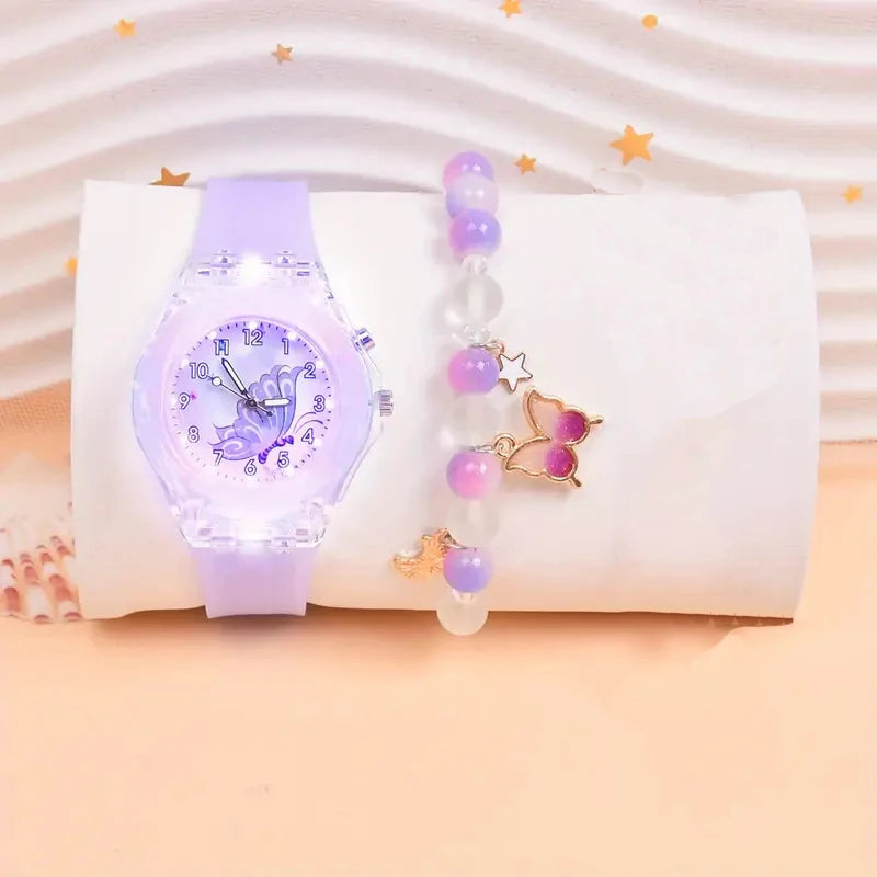 Fashion Butterfly Silicone Luminous Watch + Butterfly Beaded Bracelet