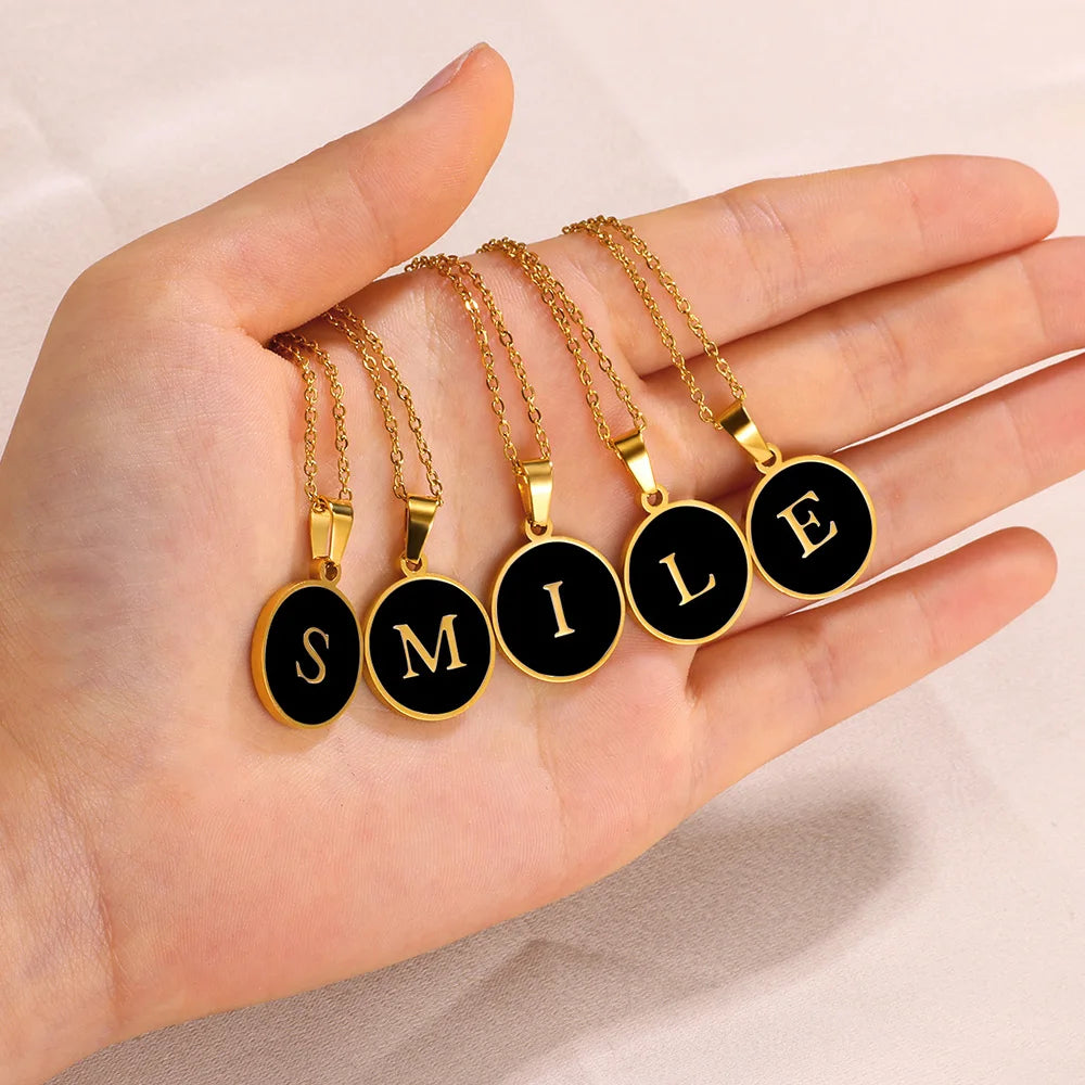 Women Gold Color Stainless Steel Round Couple Alphabet A-Z Pendant