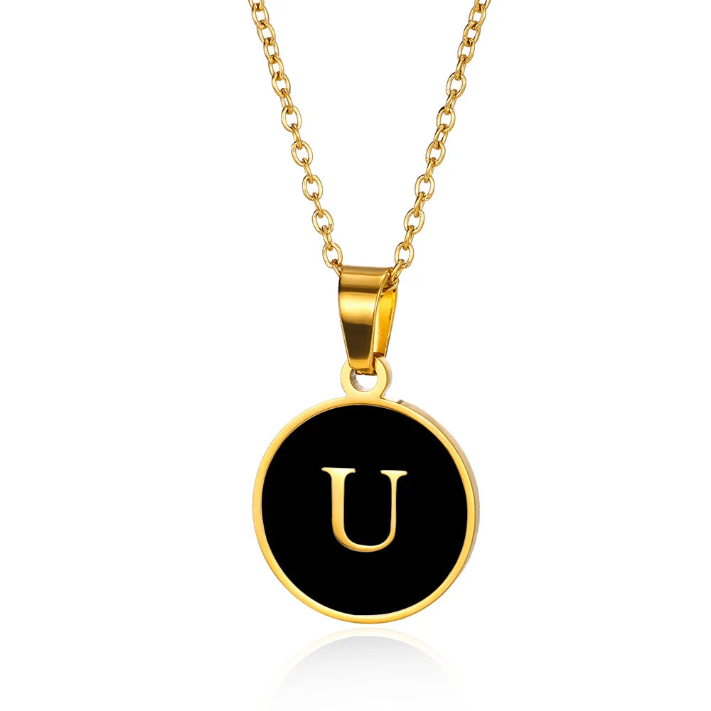 Women Gold Color Stainless Steel Round Couple Alphabet A-Z Pendant