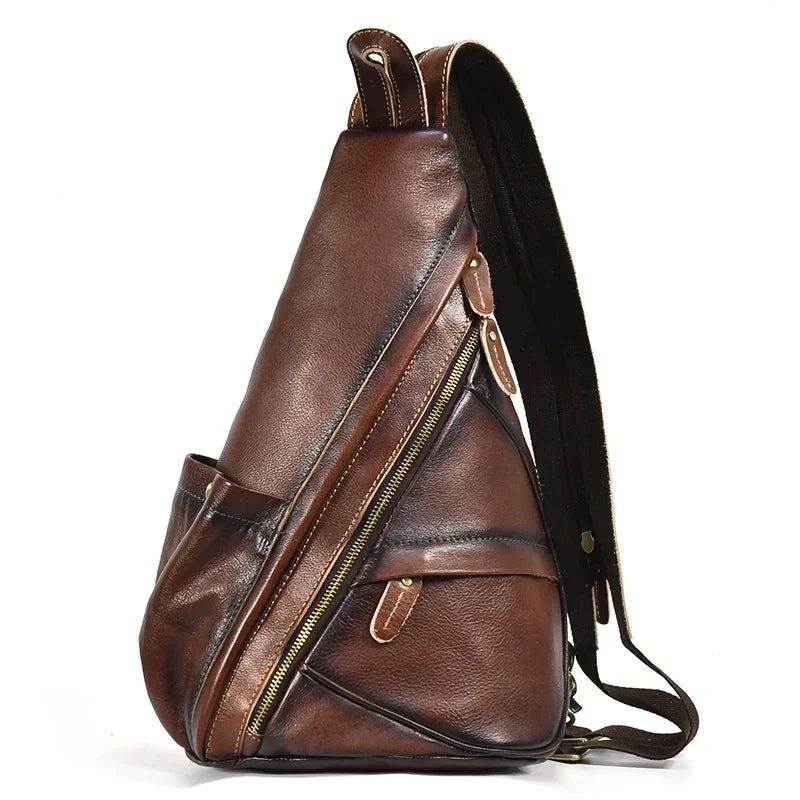 New Fashion Men's Leather Single Shoulder Backpack Real Cowskin Chest Bag Crossbody Bag Backpacks For Man Male Anti Theft Men