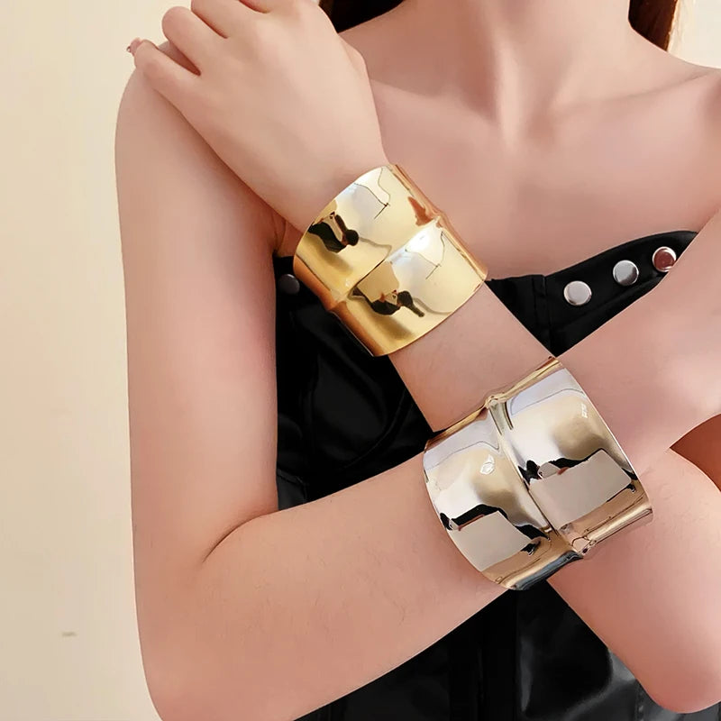 Exaggerated Golden Wide Hand Bracelet Punk Smooth Irregular Geometric Open Cuff Bangles for Women Men Wristband Jwelry Gifts
