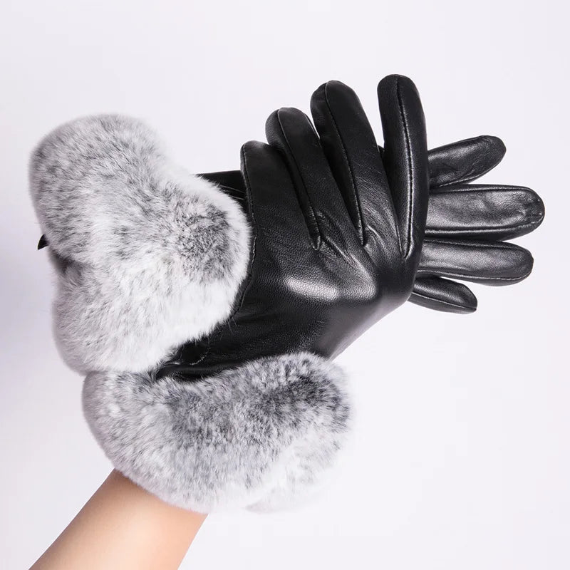 Genuine Leather Rex Rabbit Fur Fingerless Driving Gloves Plaid