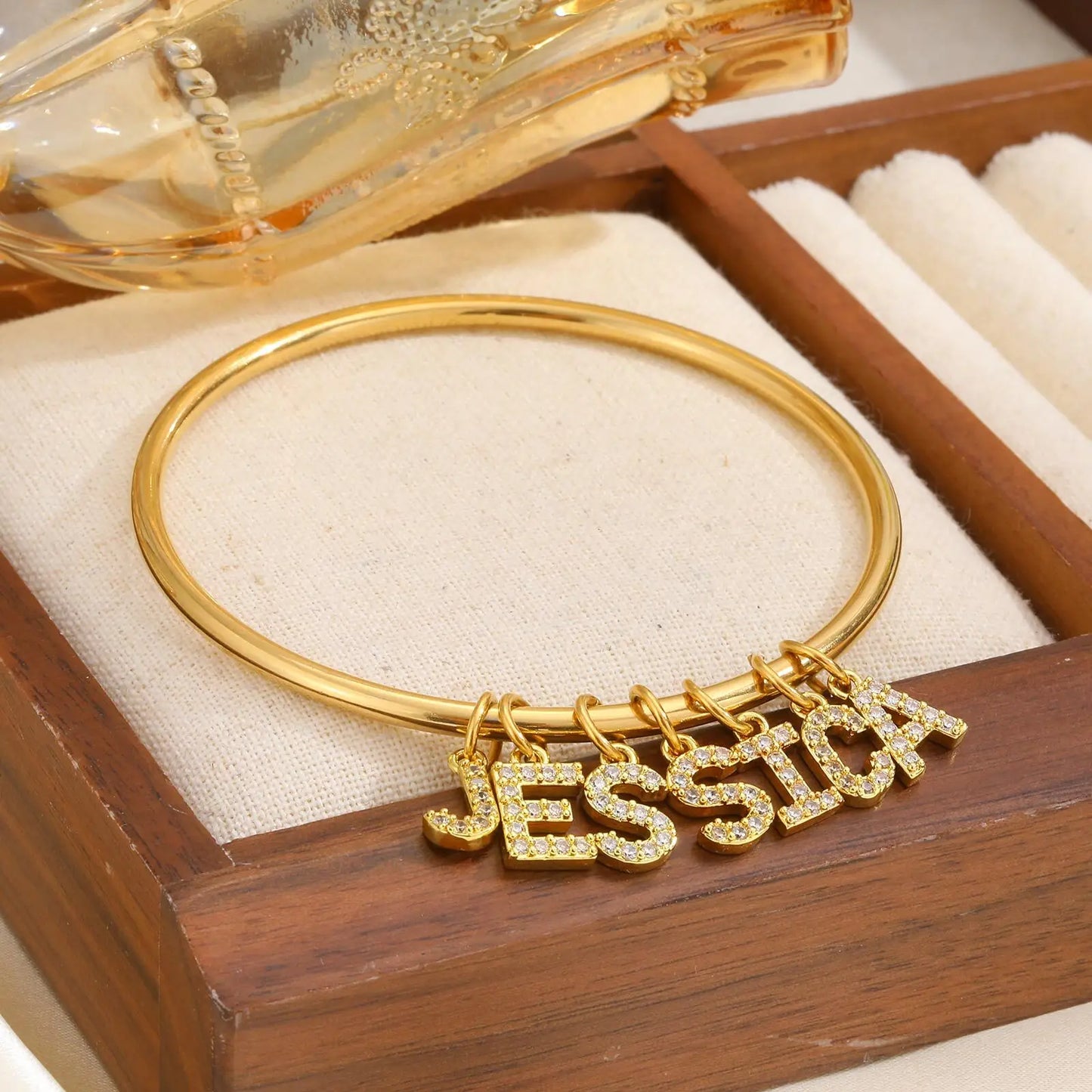 Vnox Personalized Name Bangle – Custom Zircon Charm Bracelet for Women