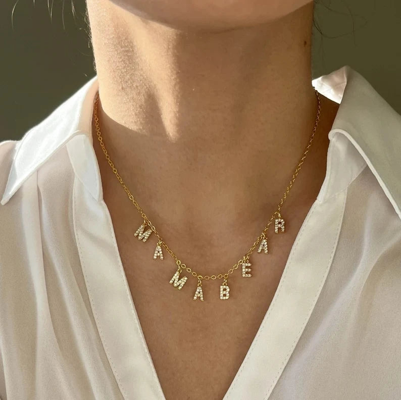 SUNIBI Customized Name Necklace Personalized Zircon Letter Stainless Steel Choker Necklace Pendant Nameplate Gift