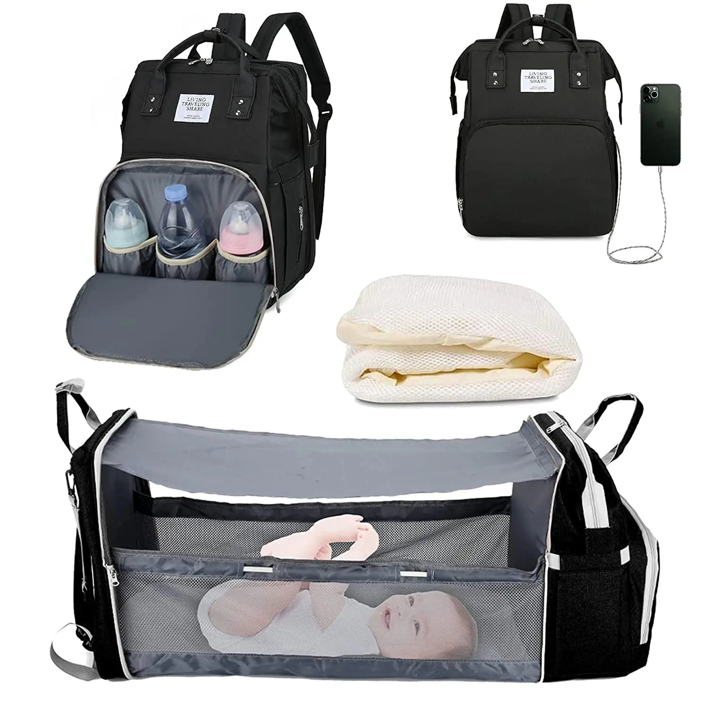 3 In 1 Diaper Bag Backpack Foldable Baby Bed Waterproof Travel Bag with USB Charge