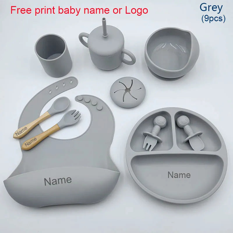 9Pcs Personalized Baby Silicone Feeding Sets Suction