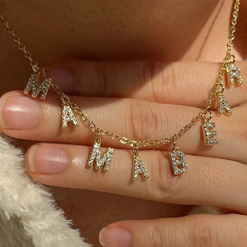 SUNIBI Customized Name Necklace Personalized Zircon Letter Stainless Steel Choker Necklace Pendant Nameplate Gift