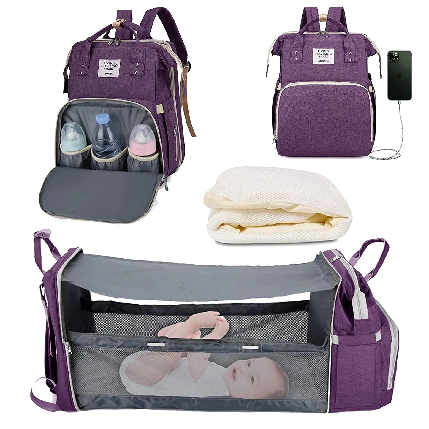 3 In 1 Diaper Bag Backpack Foldable Baby Bed Waterproof Travel Bag with USB Charge