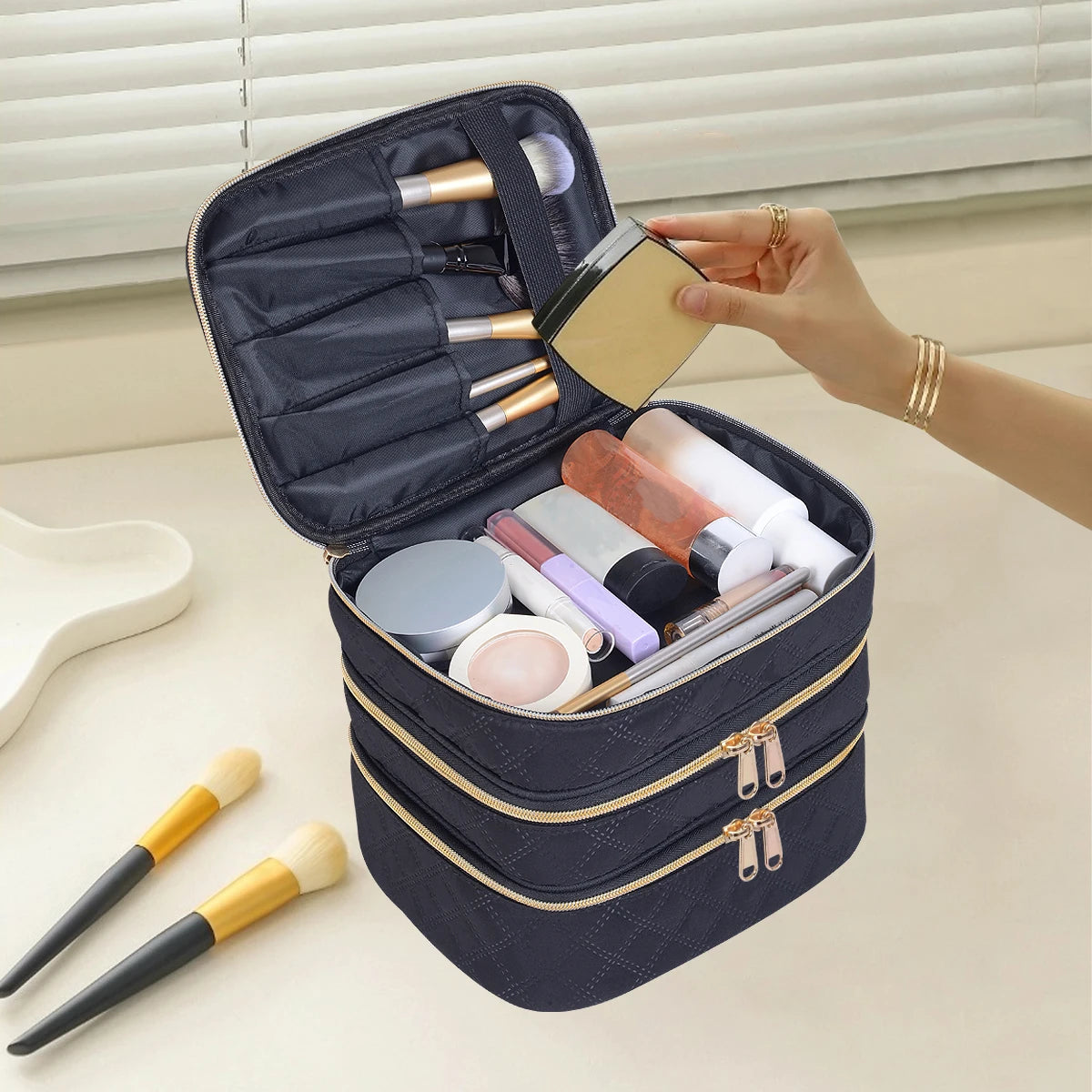 3-Layer Large Quilted Makeup Bag Organizer with Handles - Buy One Get One Free🔥