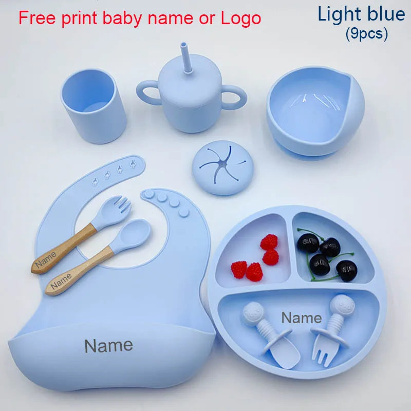 9Pcs Personalized Baby Silicone Feeding Sets Suction