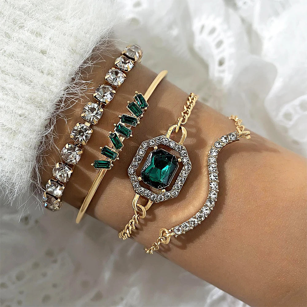 4PCS/Set Fashionable Snake Imitation Gemstone Bangle Rhinestone Full Metal Bracelet Set for W