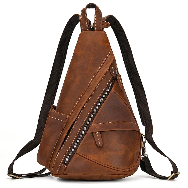 New Fashion Men's Leather Single Shoulder Backpack Real Cowskin Chest Bag Crossbody Bag Backpacks For Man Male Anti Theft Men