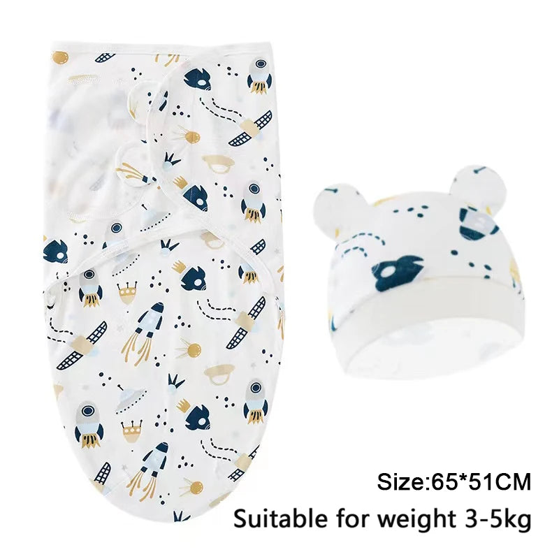 Baby Blanket Hat Set Cartoon Printed Cotton Newborn 0-6 Months