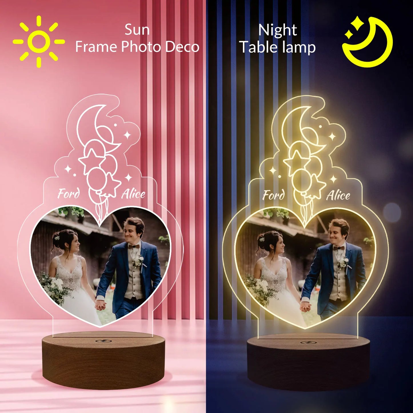 Personalized Acrylic Couple Photo Plaque, Heart Shape Night Light