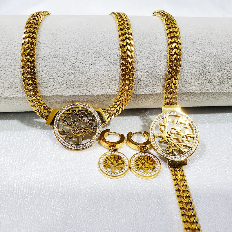 Stainless Steel Jewelry Set: Tree of Life Necklace, Bracelet & Hoop Earrings with Cubic Zirconia Accents