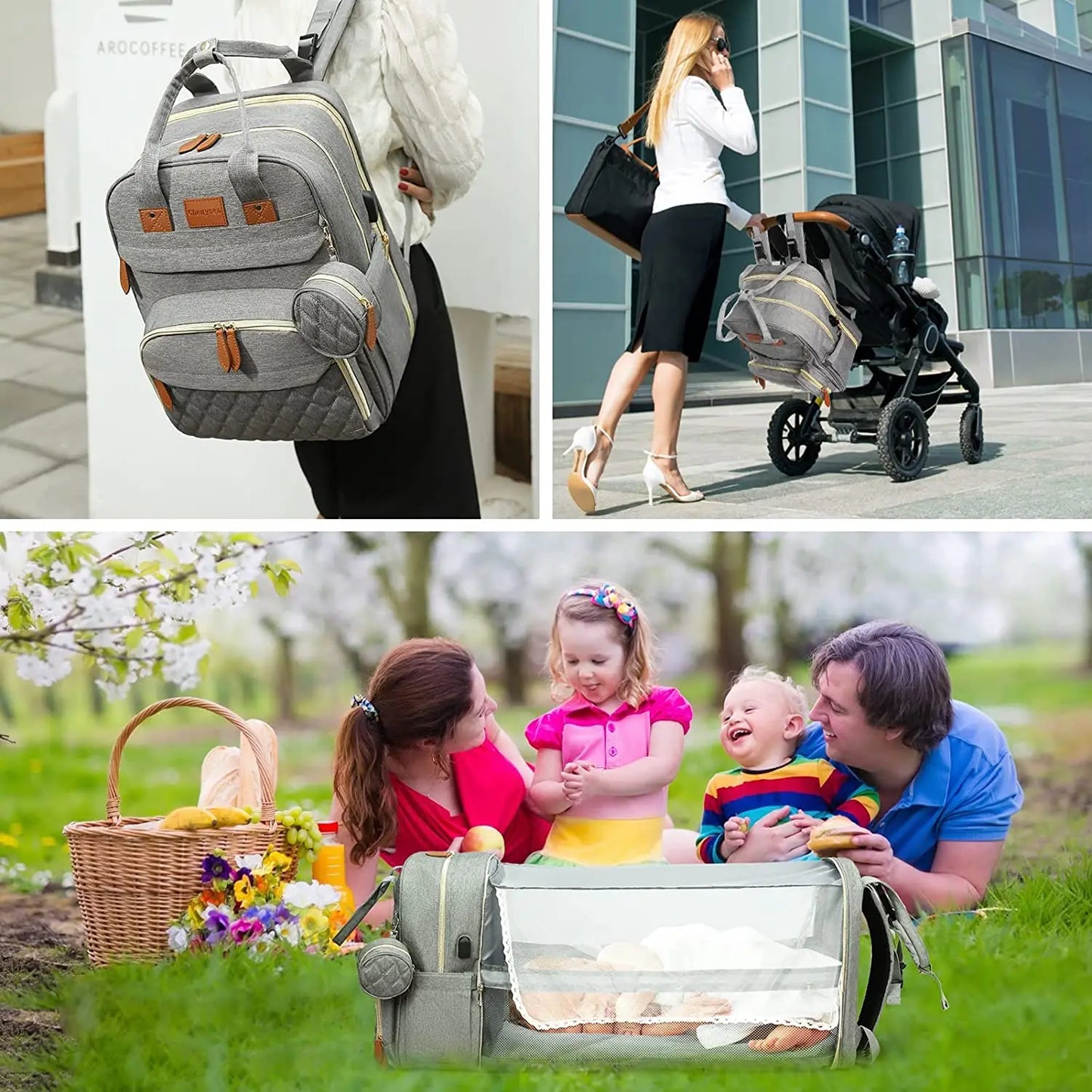 3 In 1 Diaper Bag Backpack Foldable Baby Bed Waterproof Travel Bag with USB Charge