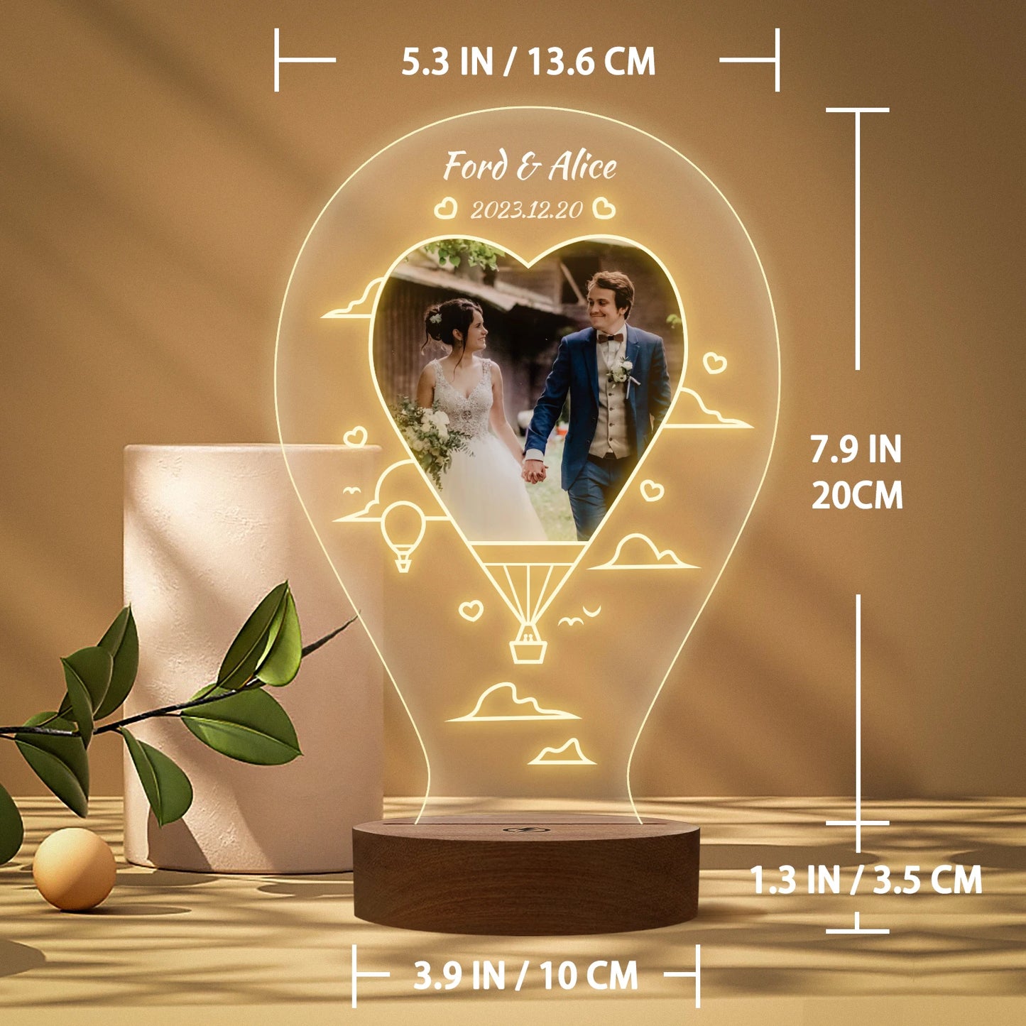Personalized Acrylic Couple Photo Plaque, Heart Shape Night Light