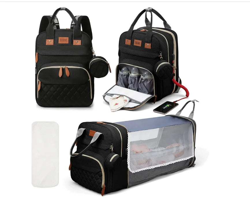 3 In 1 Diaper Bag Backpack Foldable Baby Bed Waterproof Travel Bag with USB Charge