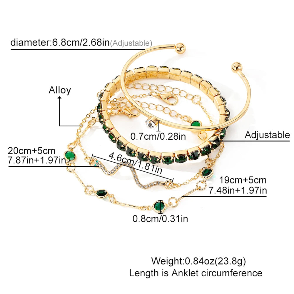 4PCS/Set Fashionable Snake Imitation Gemstone Bangle Rhinestone Full Metal Bracelet Set for W