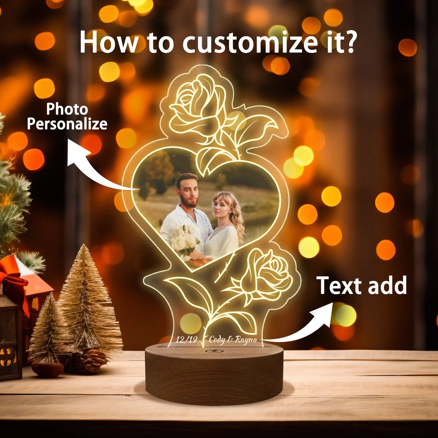 Personalized Acrylic Couple Photo Plaque, Heart Shape Night Light