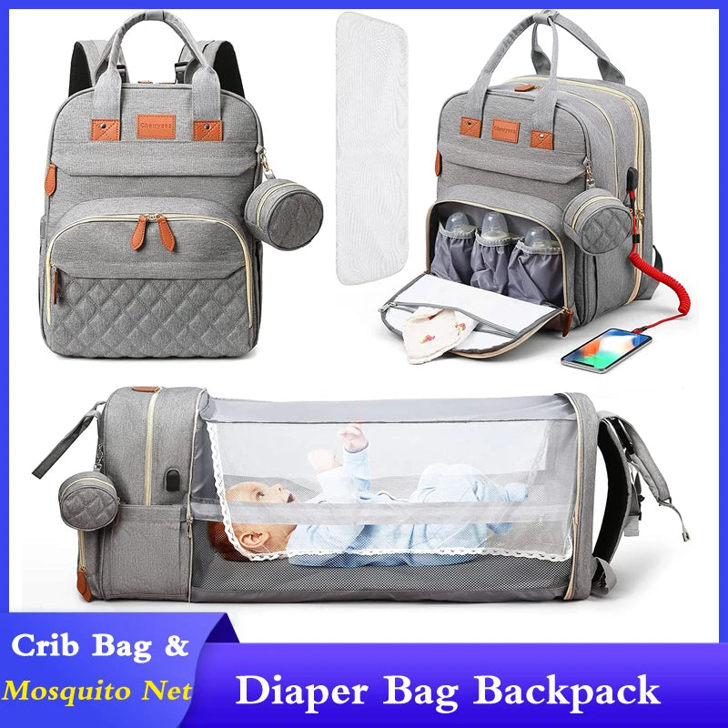 3 In 1 Diaper Bag Backpack Foldable Baby Bed Waterproof Travel Bag with USB Charge
