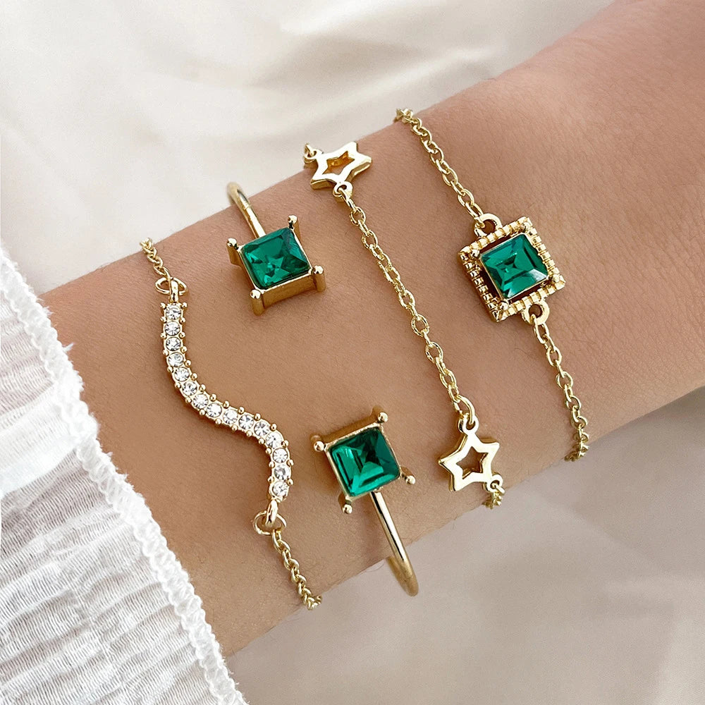 4PCS/Set Fashionable Snake Imitation Gemstone Bangle Rhinestone Full Metal Bracelet Set for W