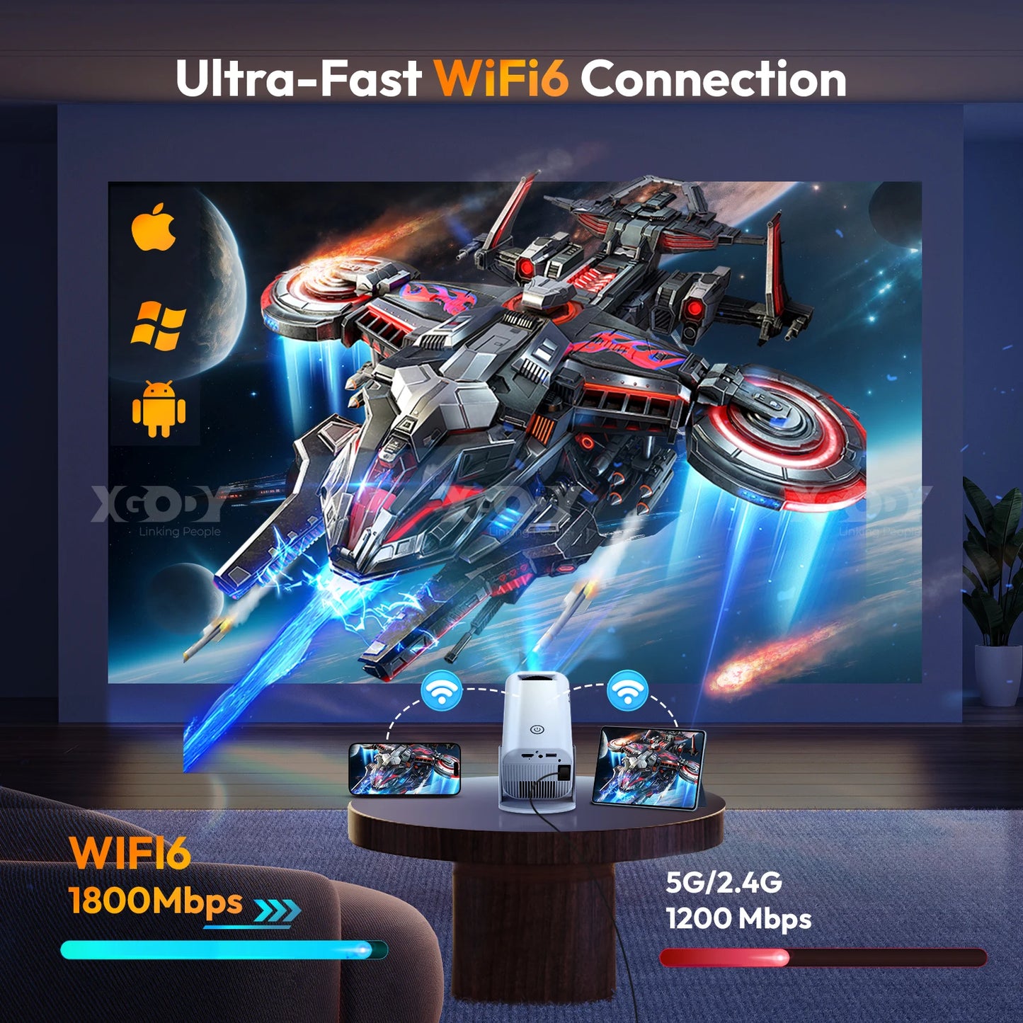 Mini Projector with WIFI 6 and Bluetooth,4K 1080P Support Auto Focus Portable Projector Compatible for Laptop, PC, Smartphone