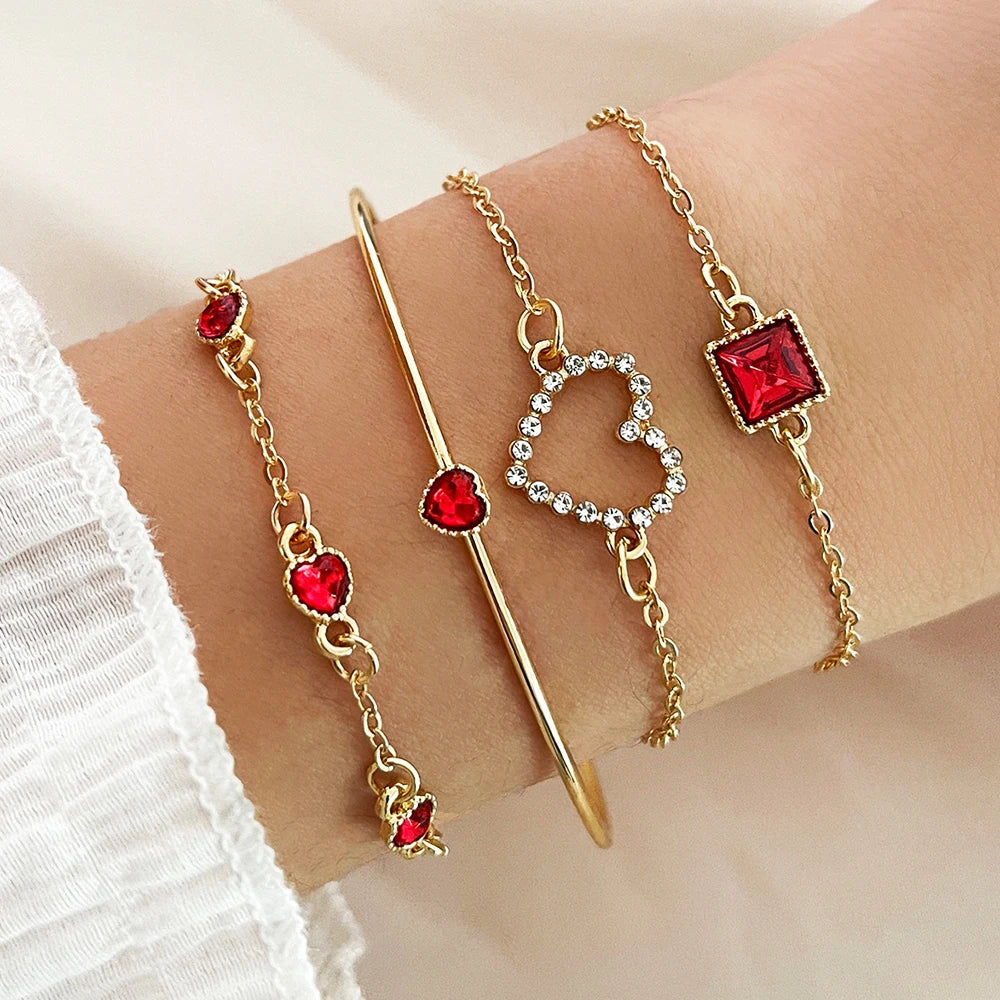 4PCS/Set Fashionable Snake Imitation Gemstone Bangle Rhinestone Full Metal Bracelet Set for W